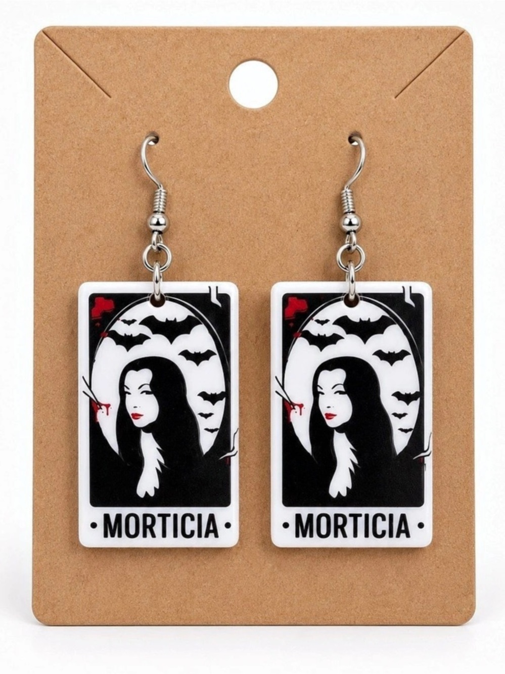 Morticia Gothic Bat Moon Horror Dangle Earrings Black White Red Statement